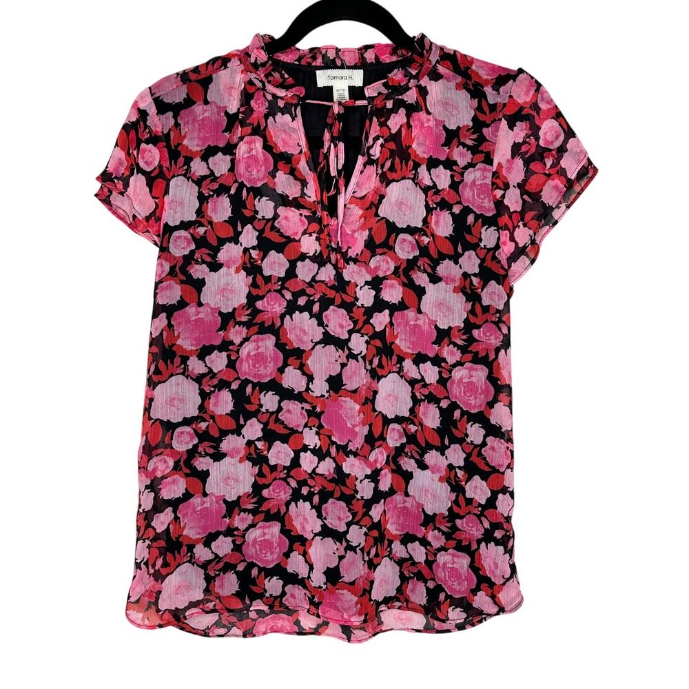Tamara H. Pink & Black Floral Short Sleeve Top Women's Size XS Casual Office